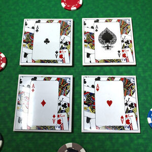 Vintage NEW Aces High Playing Card Ceramic Porcelain Coasters Cork Backed 4.25"